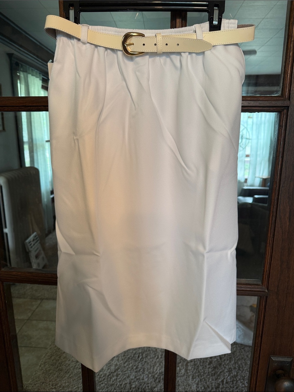 Alfred Dunner White Elastic Waist Belted Midi Skirt Size 14 Made in USA NWT